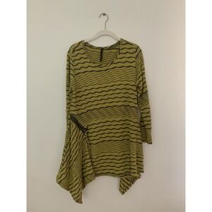 IC by Connie K Long Sleep Top Yellow Gray Wave Print Textured Asymmetrical Art